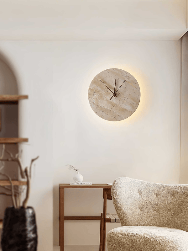 modern yellow travertine clock wall sconce