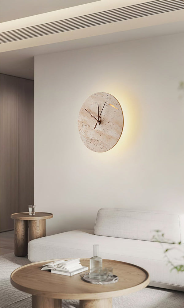 modern yellow travertine clock wall sconce