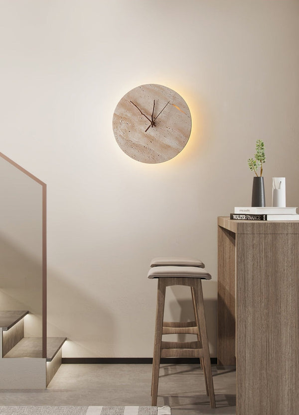 modern yellow travertine clock wall sconce
