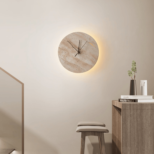 modern yellow travertine clock wall sconce