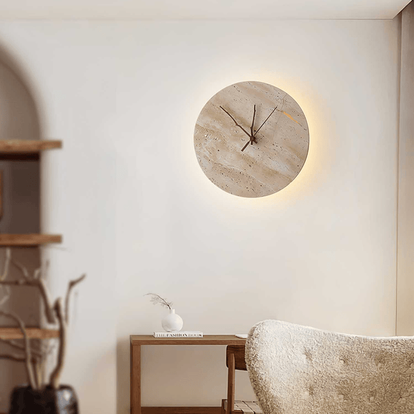 modern yellow travertine clock wall sconce