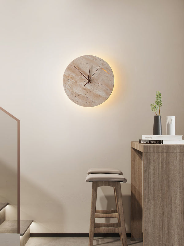 modern yellow travertine clock wall sconce