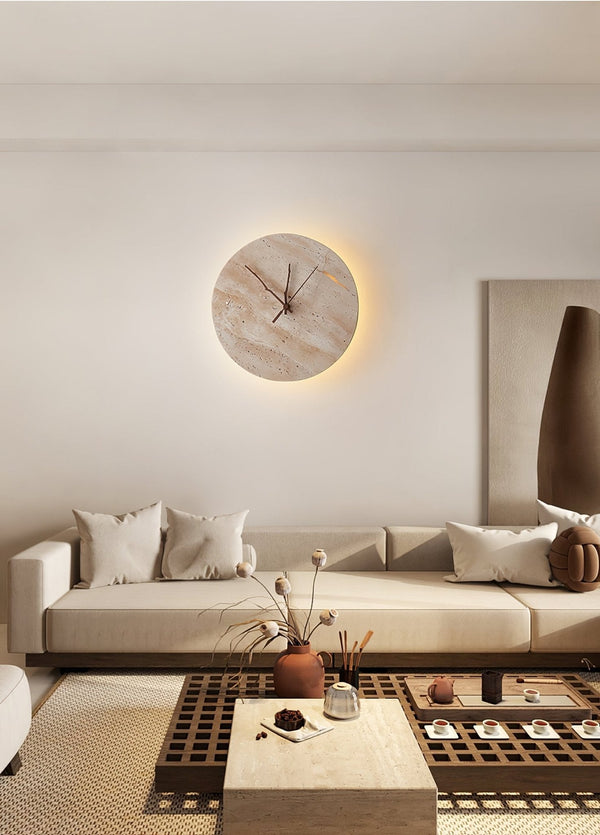 modern yellow travertine clock wall sconce