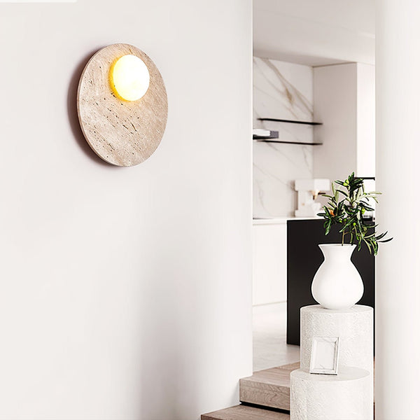 modern yellow travertine glass orb wall sconce