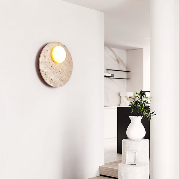 modern yellow travertine glass orb wall sconce