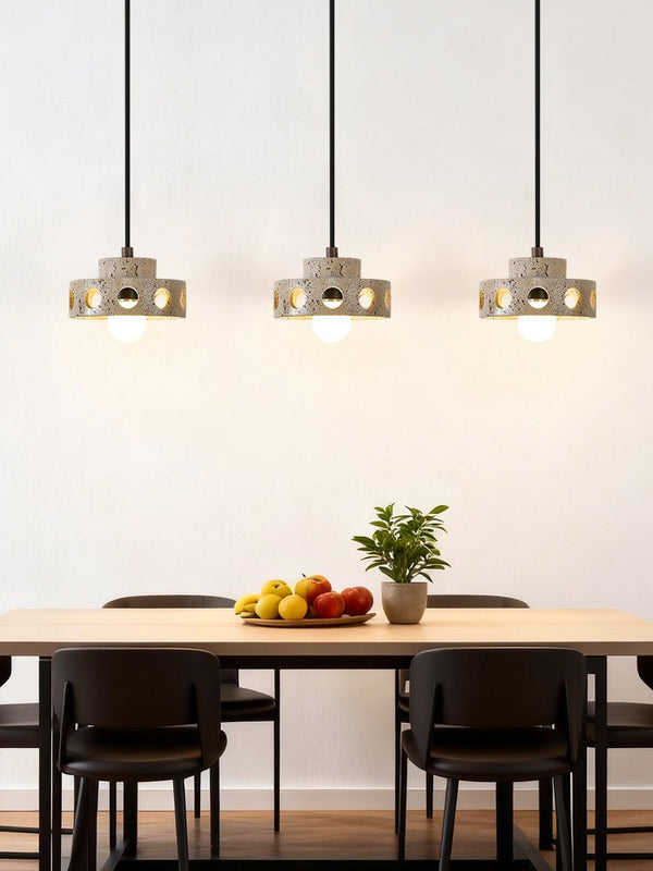 modern yellow travertine perforated ring pendant light
