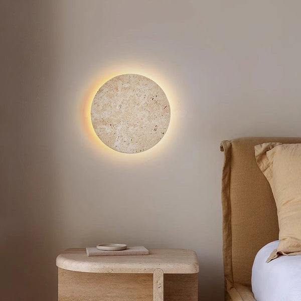 modern yellow travertine round led wall sconce