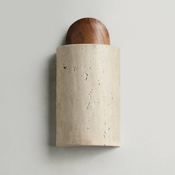 modern yellow travertine walnut capsule wall sconce