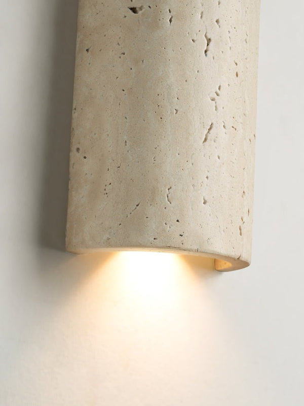 modern yellow travertine walnut capsule wall sconce