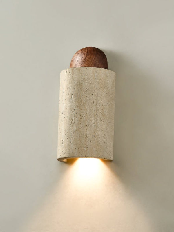 modern yellow travertine walnut capsule wall sconce