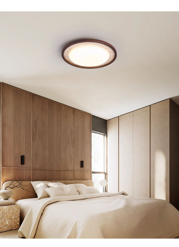 modern yellow travertine walnut wood led flush mount ceiling light