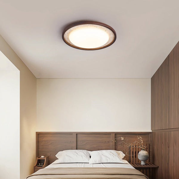 modern yellow travertine walnut wood led flush mount ceiling light