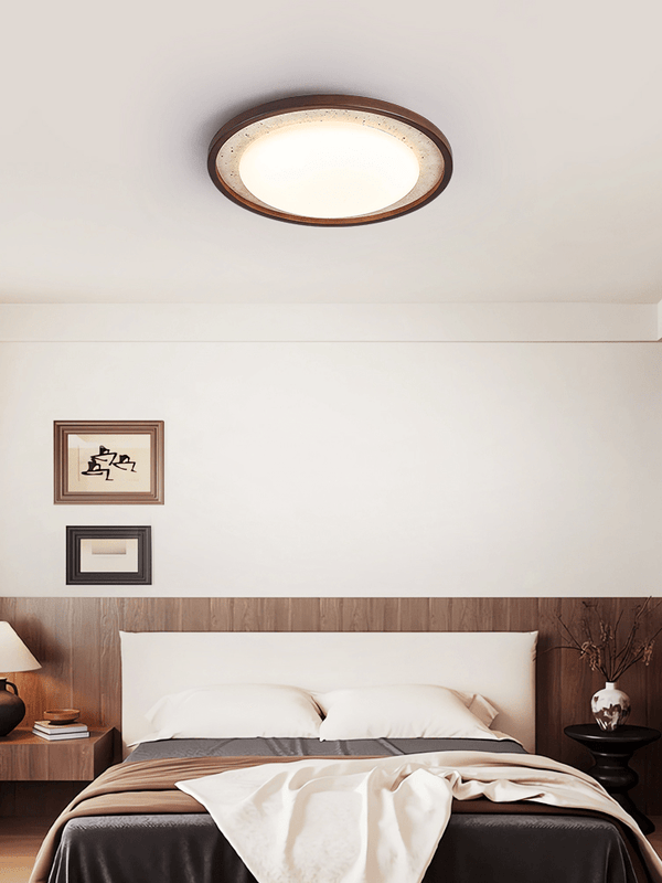 modern yellow travertine walnut wood led flush mount ceiling light
