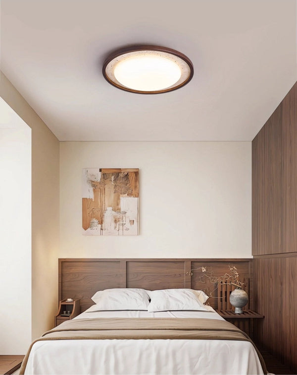 modern yellow travertine walnut wood led flush mount ceiling light