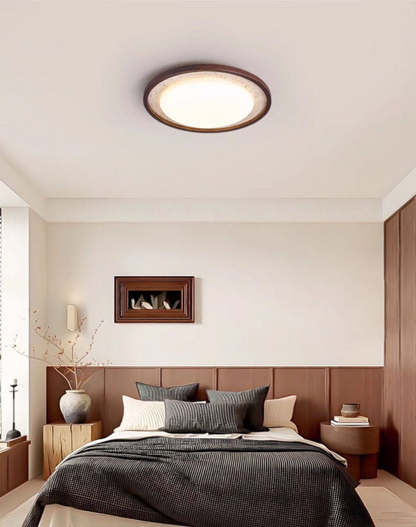 modern yellow travertine walnut wood led flush mount ceiling light