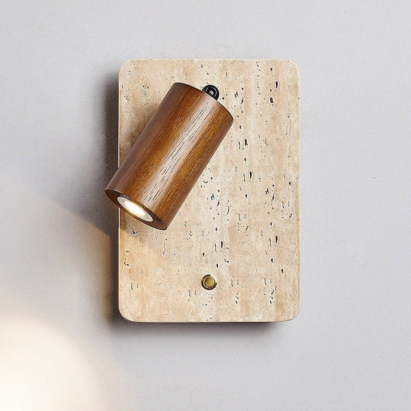 modern yellow travertine walnut wood spot wall sconce