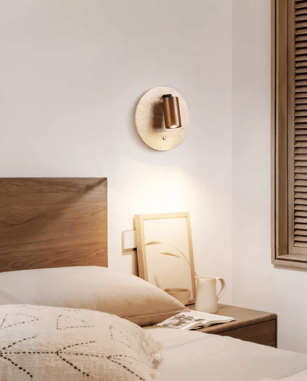 modern yellow travertine walnut wood spot wall sconce