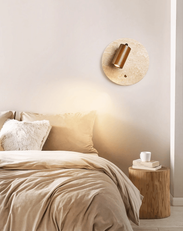 modern yellow travertine walnut wood spot wall sconce