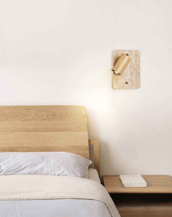 modern yellow travertine walnut wood spot wall sconce