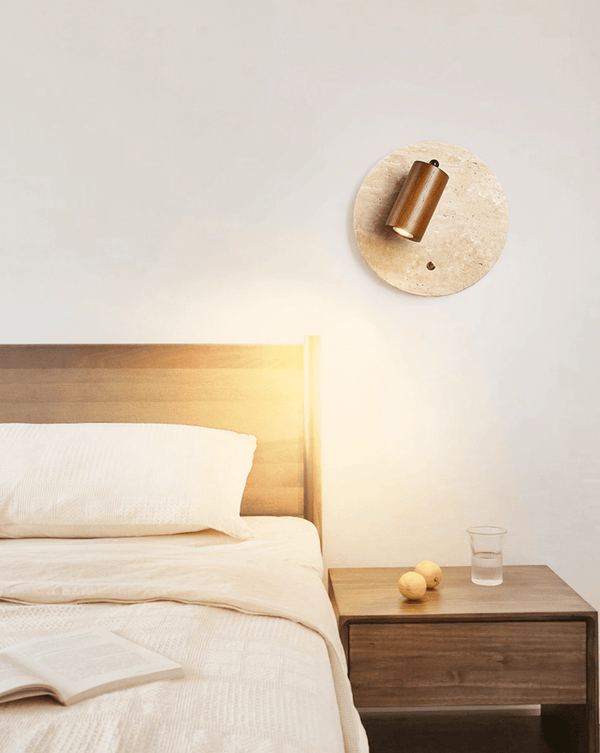 modern yellow travertine walnut wood spot wall sconce