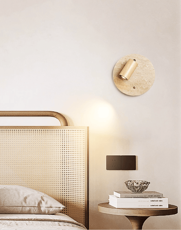 modern yellow travertine walnut wood spot wall sconce
