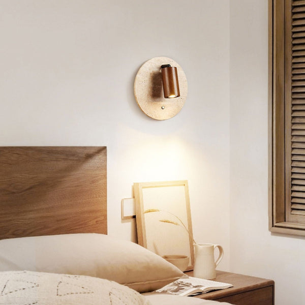 modern yellow travertine walnut wood spot wall sconce