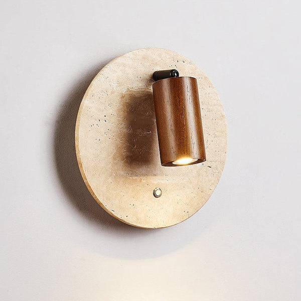 modern yellow travertine walnut wood spot wall sconce