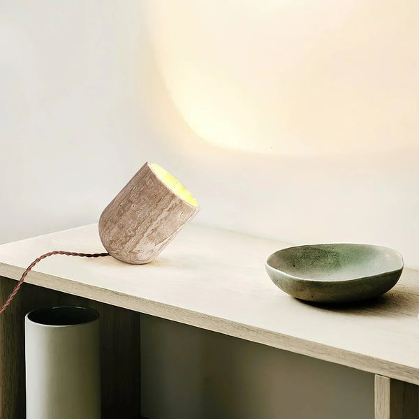 modern yellow travertine wood cylinder table lamp