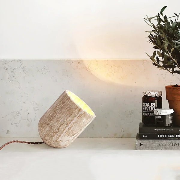 modern yellow travertine wood cylinder table lamp