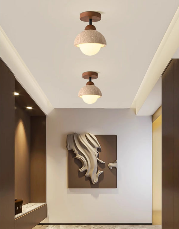modern yellow travertine wood flush mount ceiling light