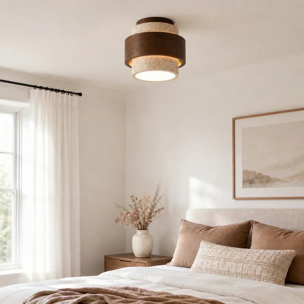modern yellow travertine wood round flush mount ceiling light