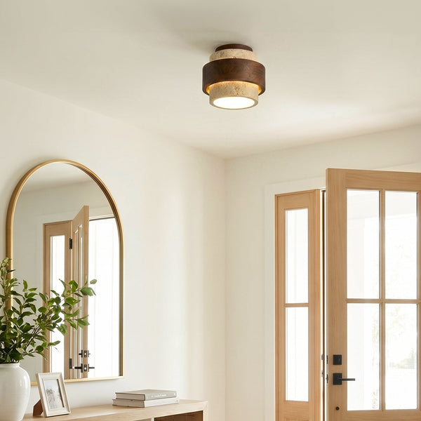 modern yellow travertine wood round flush mount ceiling light