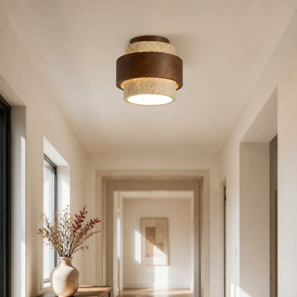 modern yellow travertine wood round flush mount ceiling light