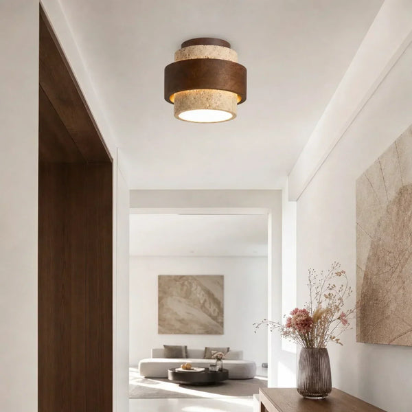 modern yellow travertine wood round flush mount ceiling light