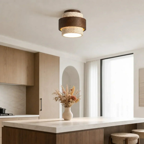 modern yellow travertine wood round flush mount ceiling light