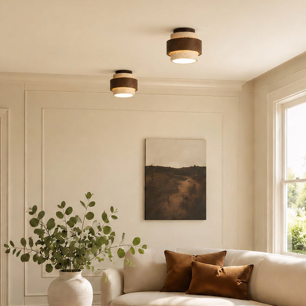 modern yellow travertine wood round flush mount ceiling light