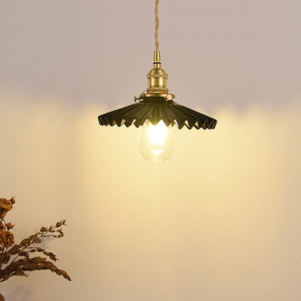 Nordic Vintage Ceramic Pleated Design Brass Led Pendent Lighting For Bedside Dining Table