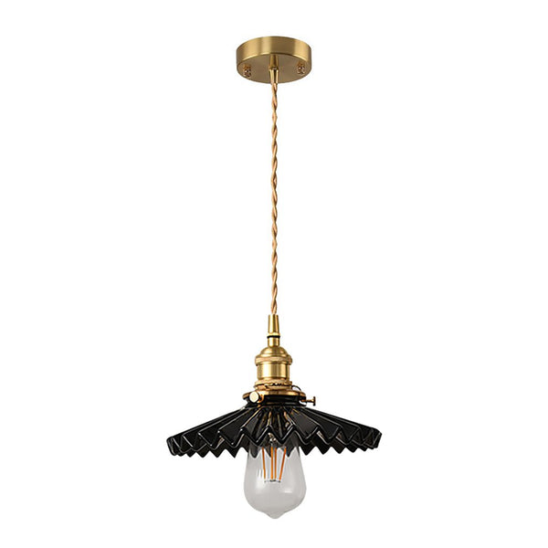 Nordic Vintage Ceramic Pleated Design Brass Led Pendent Lighting For Bedside Dining Table
