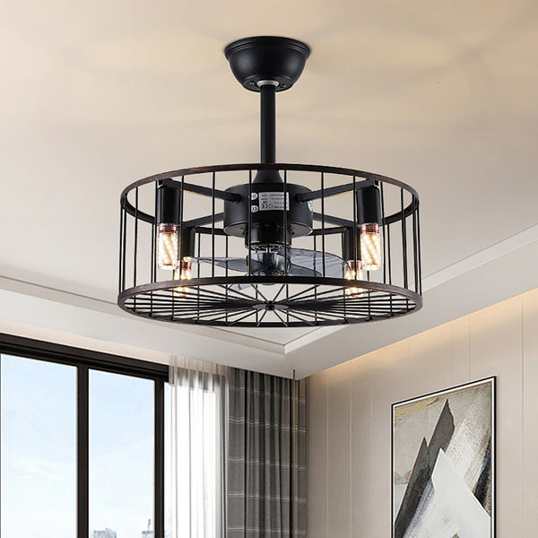 Retro Industrial Timing Three Speed Wind Regulation Mute Cage Ceiling Fan Lamp