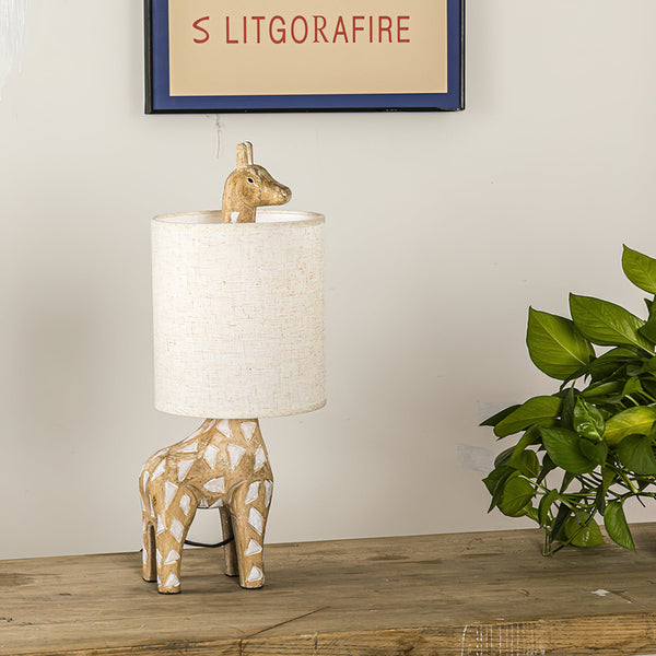rustic carved wood animal table lamp with fabric shade