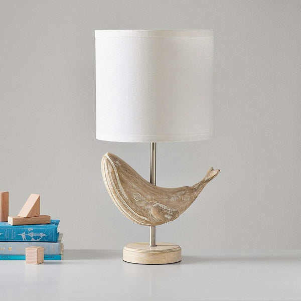 rustic carved wood animal table lamp with fabric shade