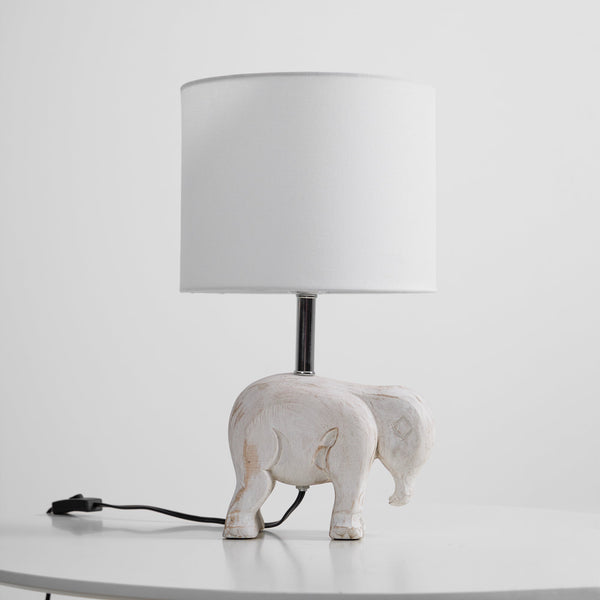 rustic carved wood animal table lamp with fabric shade