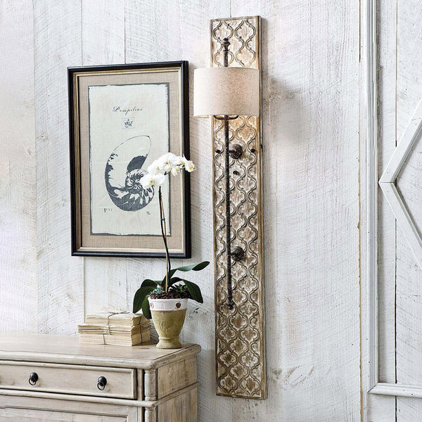 rustic whitewashed wood carved panel wall sconce