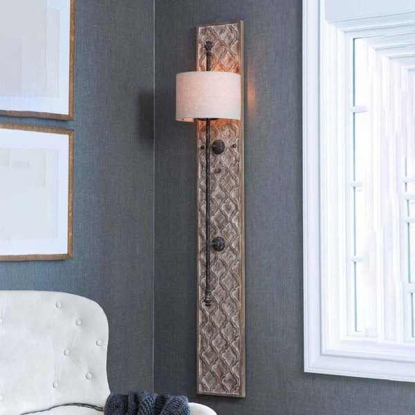 rustic whitewashed wood carved panel wall sconce