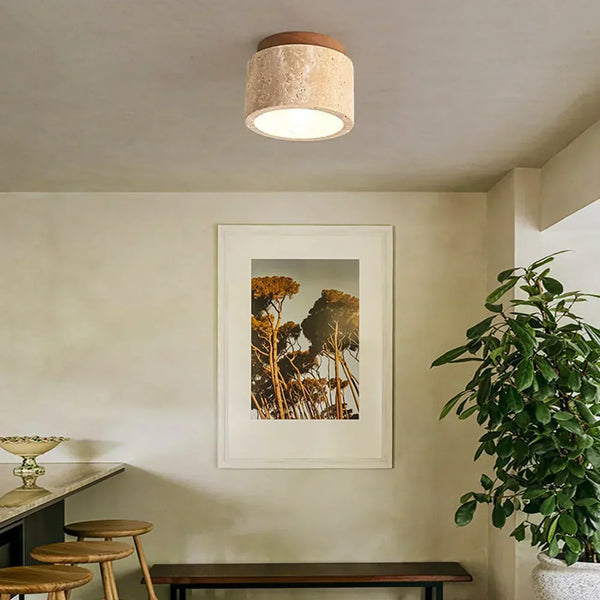 scandinavian beige travertine wood cylinder ceiling light