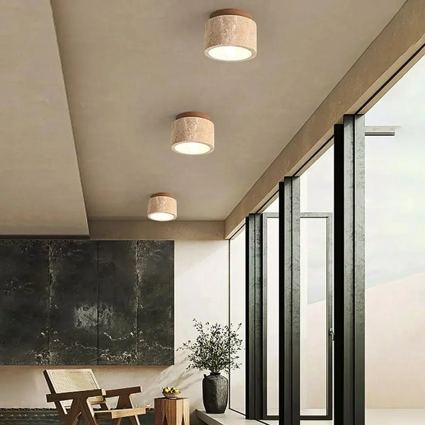 scandinavian beige travertine wood cylinder ceiling light