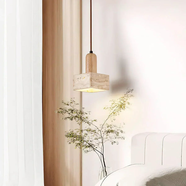 scandinavian beige travertine wood cylinder pendant lamp