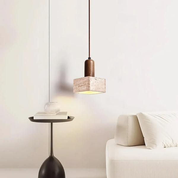 scandinavian beige travertine wood cylinder pendant lamp