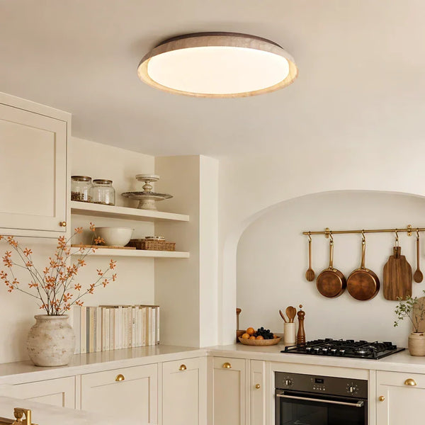 scandinavian travertine wood round flush mount ceiling light