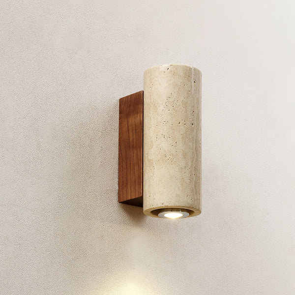 scandinavian yellow travertine wood cylinder wall sconce